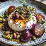Burrata with Roasted Plums, Pistachios & Thyme