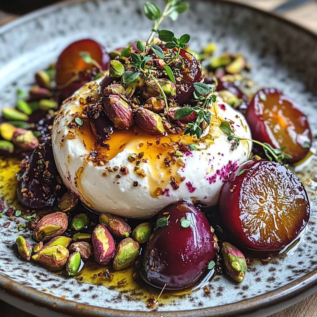 Burrata with Roasted Plums, Pistachios & Thyme
