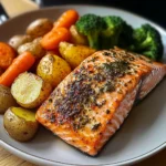 Garlic-Herb Salmon with Roasted Potatoes, Glazed Carrots & Broccoli