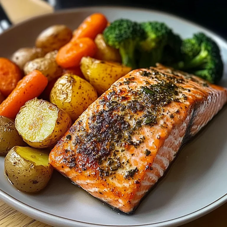 Garlic-Herb Salmon with Roasted Potatoes, Glazed Carrots & Broccoli