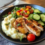 Golden Pan-Seared Chicken Breast with Creamy Mashed Potatoes & Fresh Garden Salad