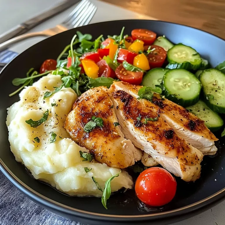 Golden Pan-Seared Chicken Breast with Creamy Mashed Potatoes & Fresh Garden Salad
