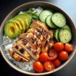 Grilled Chicken Rice Bowl with Avocado, Cucumber & Cherry Tomatoes