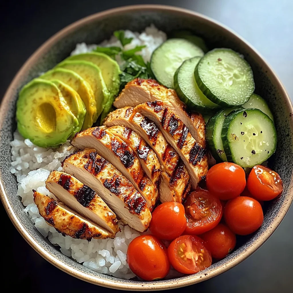 Grilled Chicken Rice Bowl with Avocado, Cucumber & Cherry Tomatoes